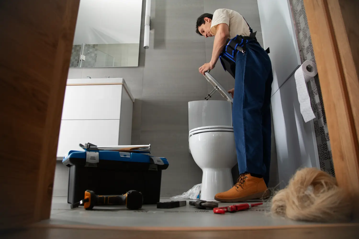 Plombier ac-plomberie réparant un WC bouché dans une salle de bains moderne en haute-garonne