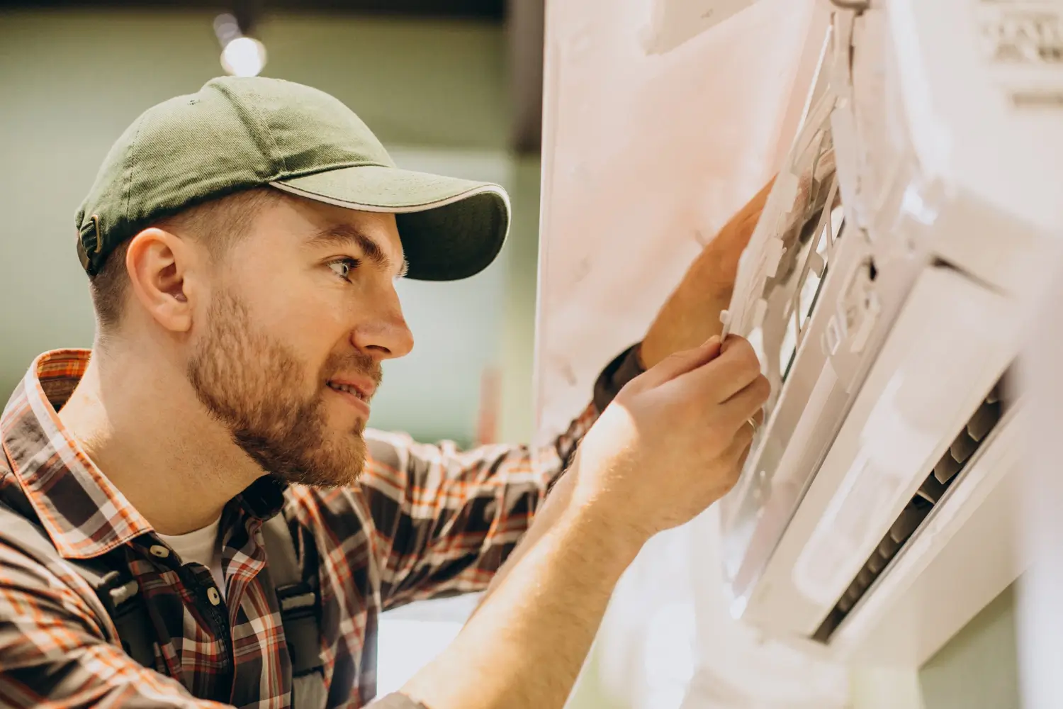 Technicien ac-plomberie nettoyant un climatiseur mural chez un client en haute-garonne