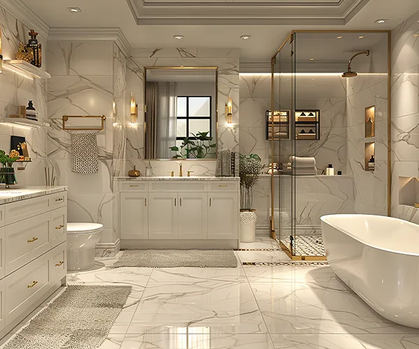 Salle de bain marbre luxe rénovée par ac-plomberie, douche italienne et baignoire îlot en haute-garonne