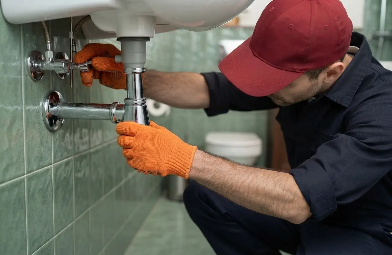 Plombier ac-plomberie réparant une tuyauterie sous lavabo dans une salle de bain en haute-garonne