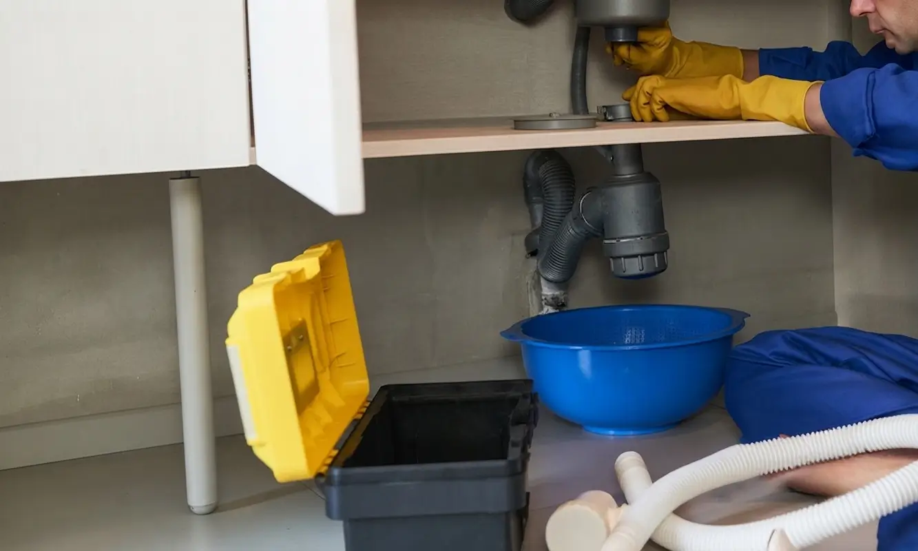 Plombier ac-plomberie réparant une fuite sous évier moderne en haute-garonne