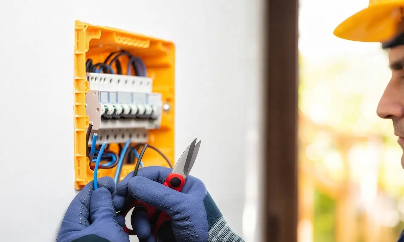 Électricien ac-plomberie sécurisant un panneau électrique encastré, travaux d’électricité en haute-garonne